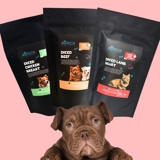 Freeze-Dried Dog Treat Bundle – 3 Pack for Dogs: Diced Chicken Breast, Diced Beef, & Diced Lamb Hearts – 50g Each Premium Protein-Packed Treats for Your Furry Friend