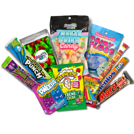 mix of packaged sweets including sour lollies and freeze dried skittles