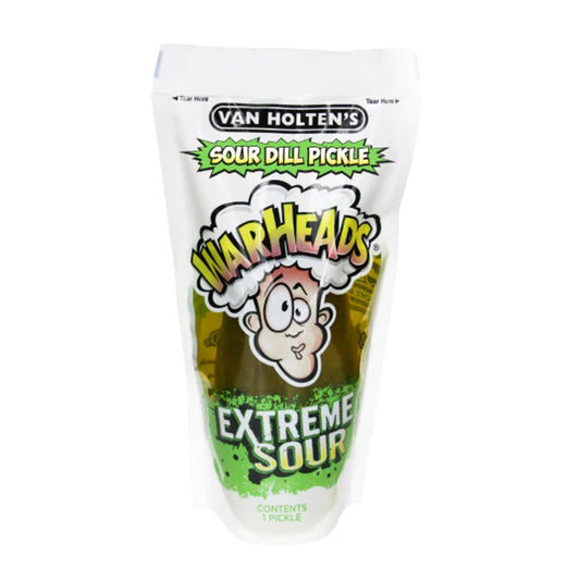 Warheads Extreme sour Jumbo Dill pickle in a white and green pouch style packaging